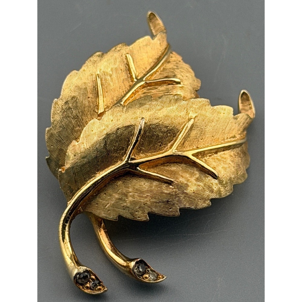 Vintage Jomaz Joseph Mazer Brooch Leaf Gold Tone Rhinestone Tips Signed 2"